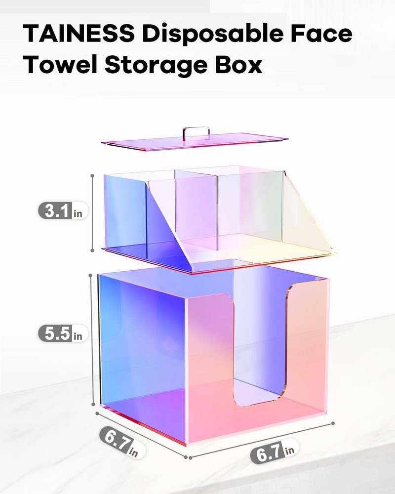 TAINESS Disposable Facial Towels Storage Box Compatible with Clean Skin Club Clean Towel XL - Cotton Pads - Swabs Upgraded Double Layer Acrylic Storage Container Face Towel Holder (Glossy Rainbow) - Image 2